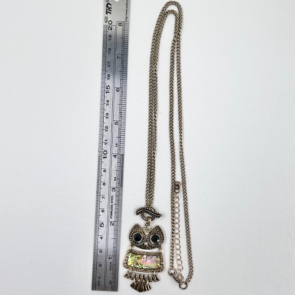 Abalone Inlayed Jointed Owl Pendant Antiqued Gold Tone 30” Chain Necklace - Picture 4 of 7
